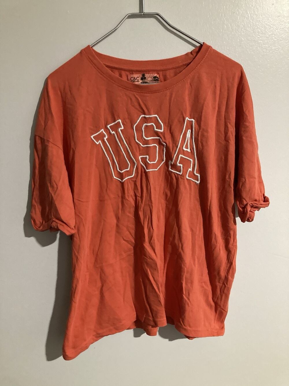 C&C California Women’s XL Orange Cotton Crew Neck Embroidered USA Graphic Tee